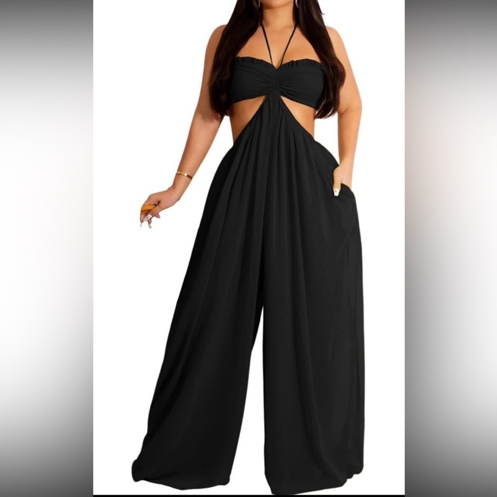 Bluewolfsea Womens Sexy Halter Backless Chiffon Wide Leg Jumpsuit Boho NWT 2XL